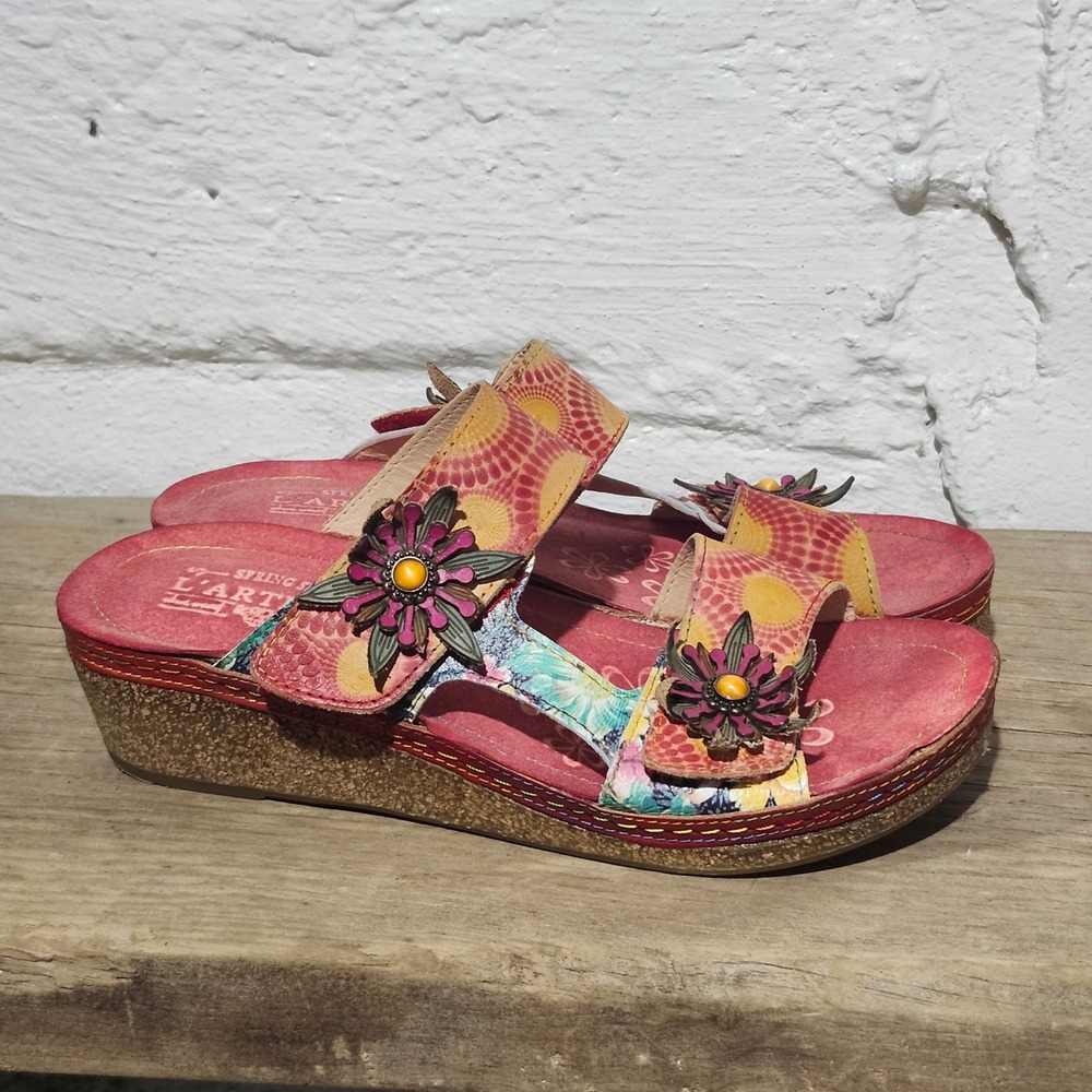 L Artiste by Spring Step Polka-RUM Red Floral Leather Wedge Sandals Women 40 Art
